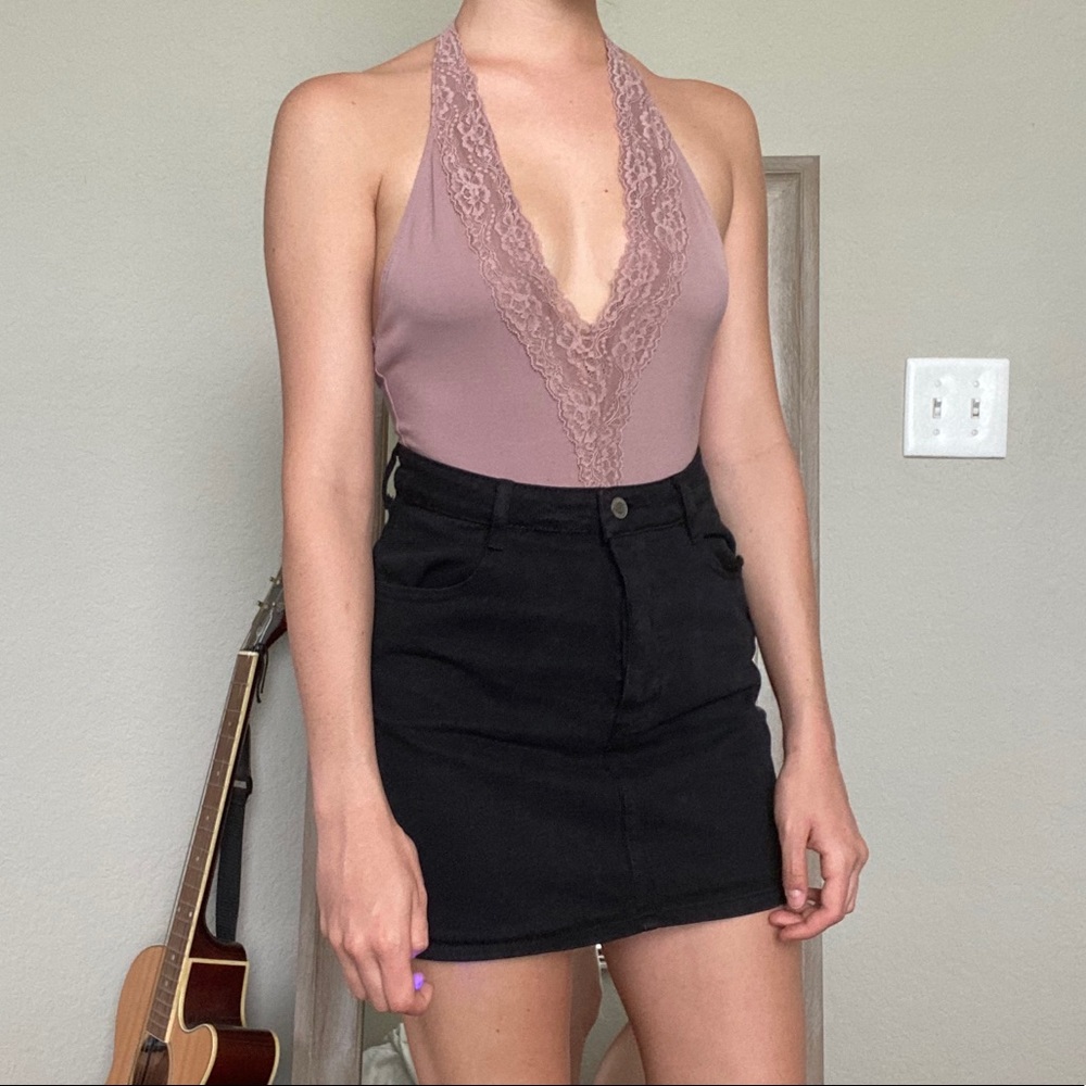 open back mauve pink plunge neck body suit